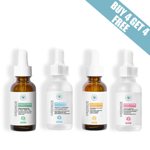 ORDINOR ALL BUNDLE (GLASSY SKIN +REVIVE SKIN +SMOOTHY SKIN+EVENTONE SERUM ) (BUY 4 GET 4 FREE)