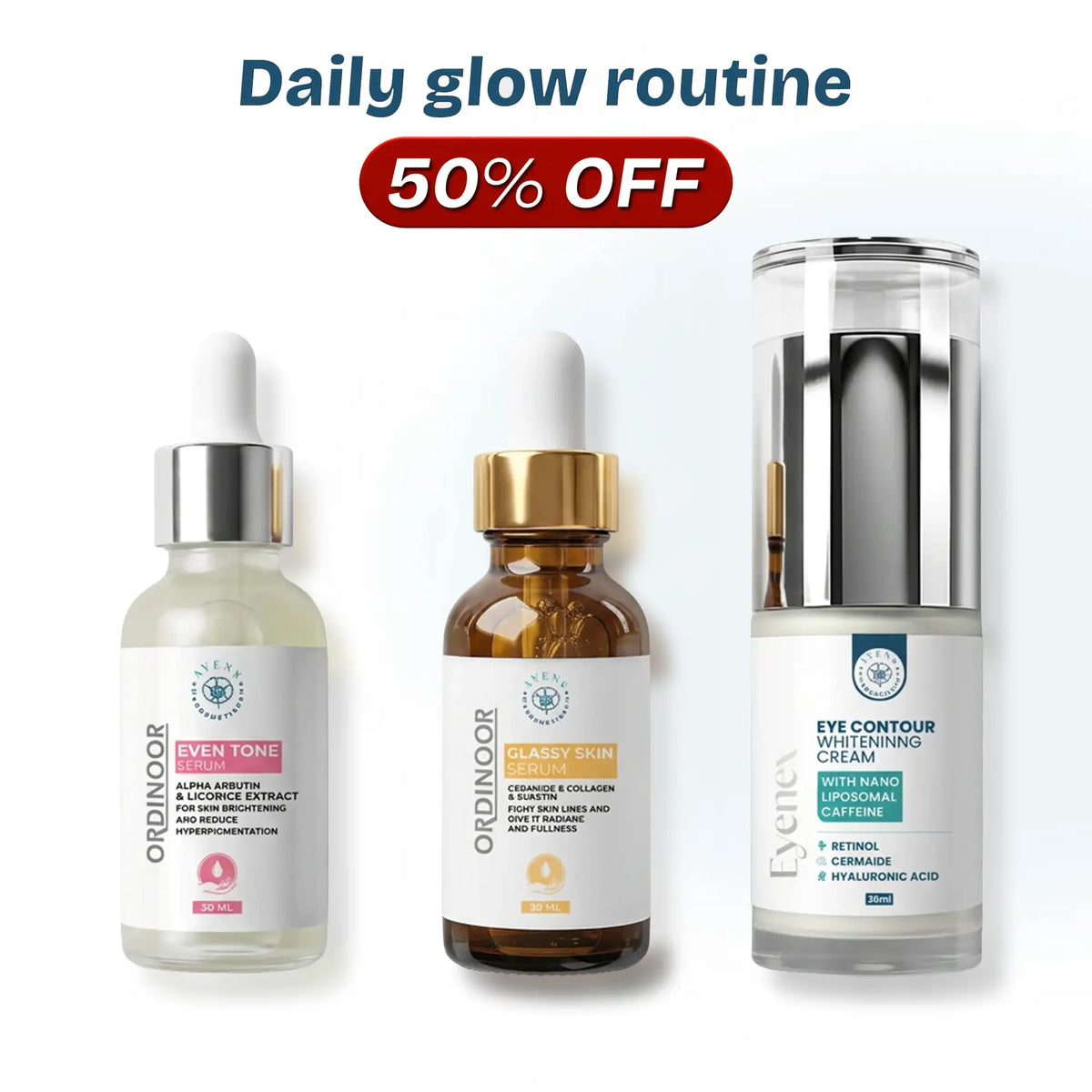 Daily glow routine 
 (سيروم جلاسي سكين + سيروم ايفن تون + كريم أينكس)
