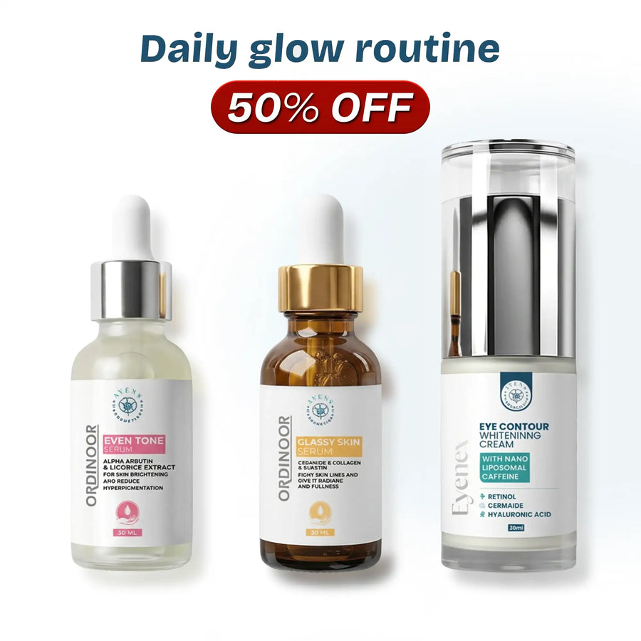 Daily glow routine 
 (سيروم جلاسي سكين + سيروم ايفن تون + كريم أينكس)
