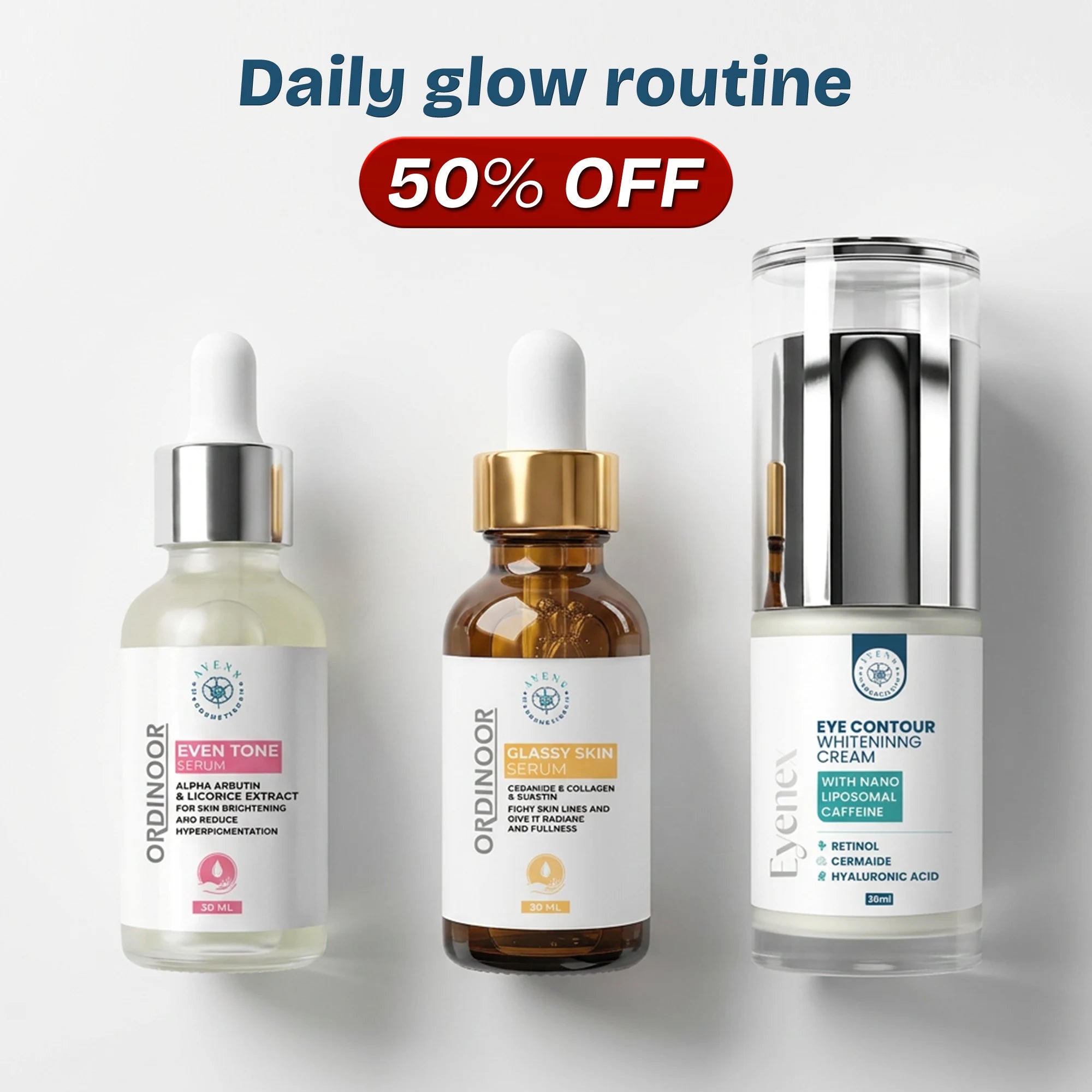 Daily glow routine (Glassy skin serum  for AM +Even tone serum for  PM + Eyenex cream)